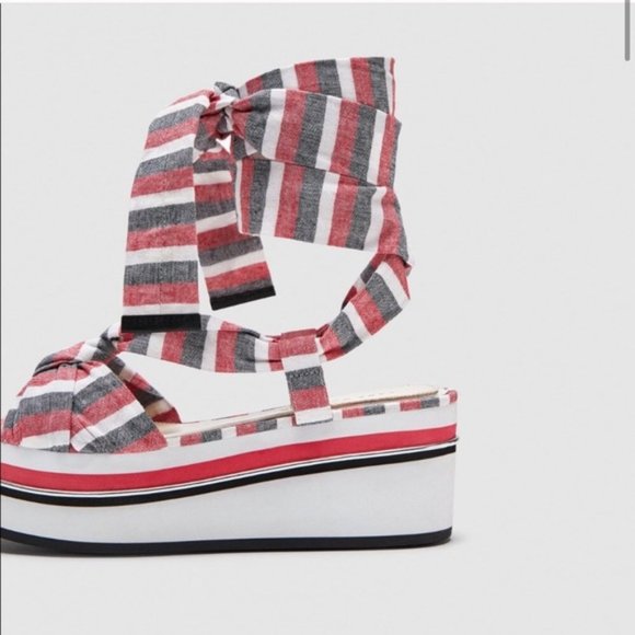 🖤 NWT - Striped Ankle Lace Up Tie Platform Sandals - Picture 8 of 8